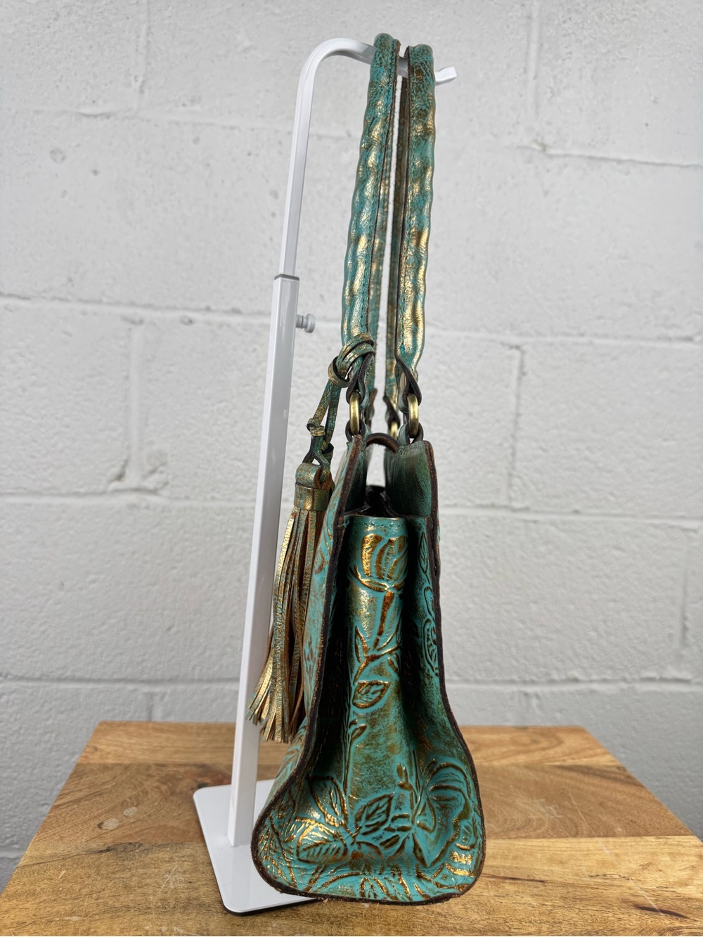 Patricia Nash Turquoise Gold Tooled Floral Leather Satchel Tassel Bag - Picture 3 of 15